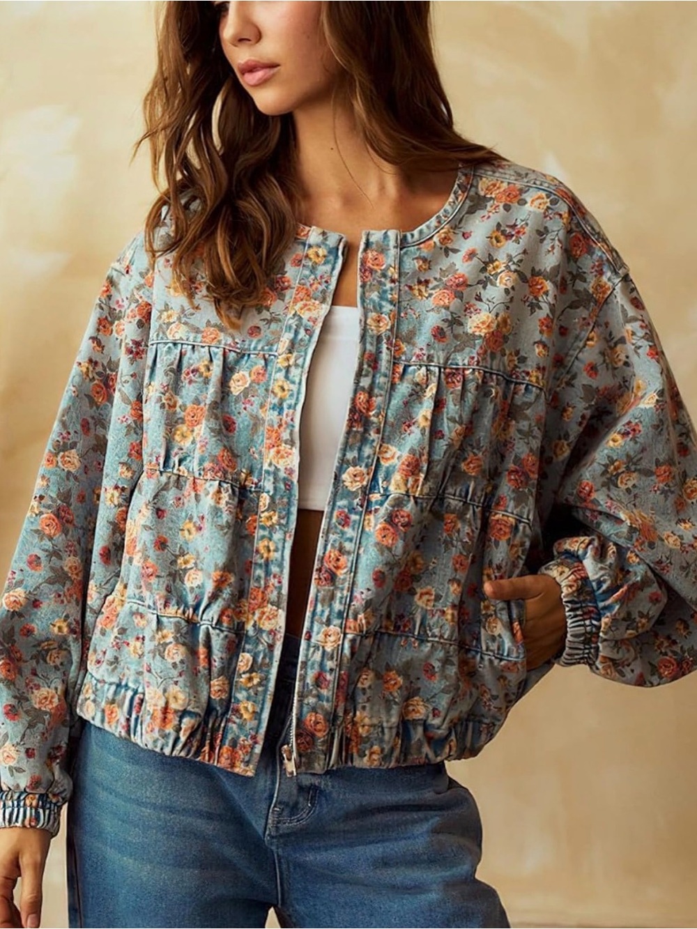 Floral Light Blue Women's Bomber Jacket - Casual Zip Front